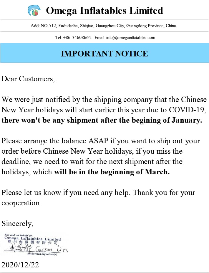 Important Notice of Shipping Deadline